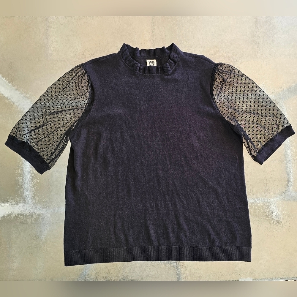 Annie Klein XL Casual Black Top with Sheer Polka Dot Sleeves - Picture 2 of 12
